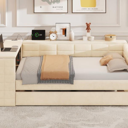 Full Size Upholstered Platform Bed with Storage Shelves, Desk, Charging Station and Trundle, Beige