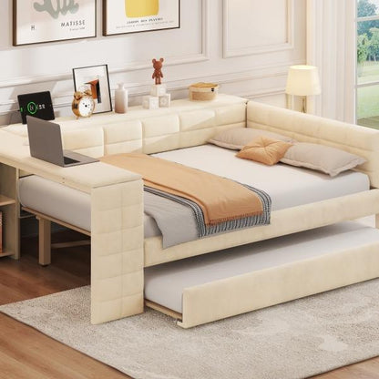 Full Size Upholstered Platform Bed with Storage Shelves, Desk, Charging Station and Trundle, Beige