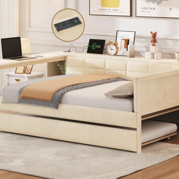 Full Size Upholstered Platform Bed with Storage Shelves, Desk, Charging Station and Trundle, Beige