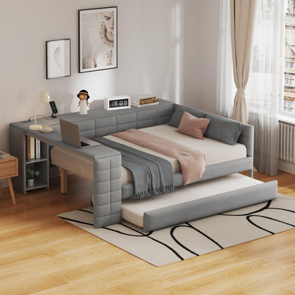 Full Size Upholstered Platform Bed with Storage Shelves, Desk, Charging Station and Trundle, Gray