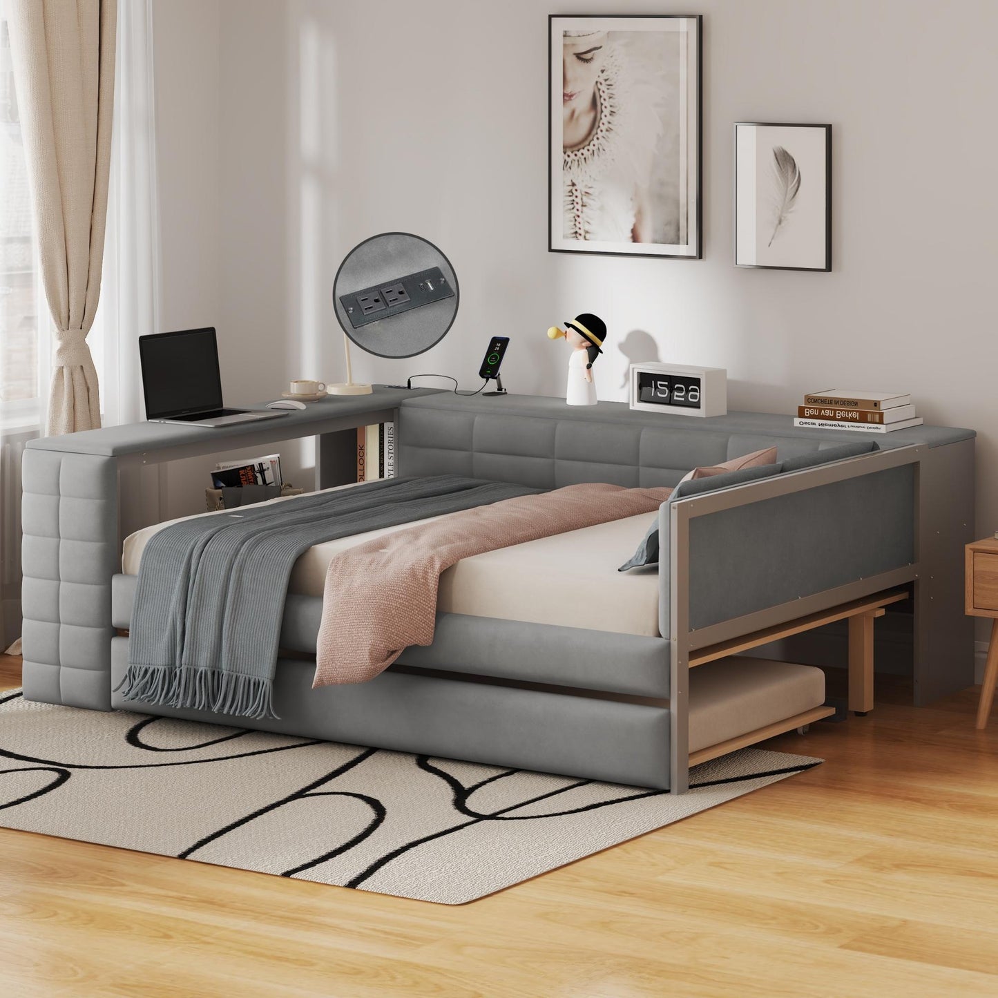 Full Size Upholstered Platform Bed with Storage Shelves, Desk, Charging Station and Trundle, Gray