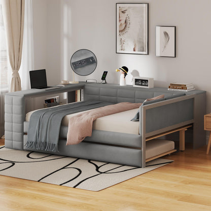 Full Size Upholstered Platform Bed with Storage Shelves, Desk, Charging Station and Trundle, Gray