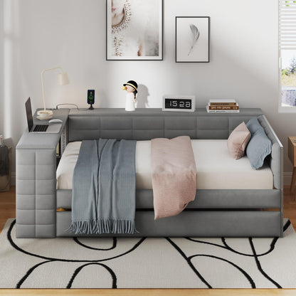 Full Size Upholstered Platform Bed with Storage Shelves, Desk, Charging Station and Trundle, Gray