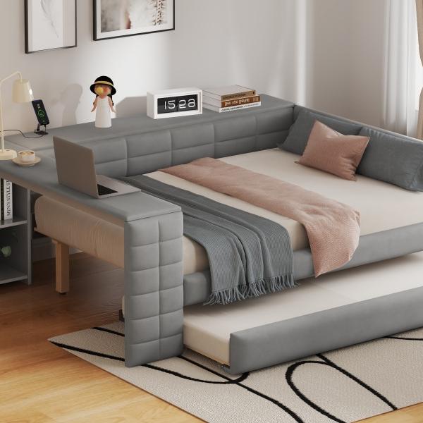 Full Size Upholstered Platform Bed with Storage Shelves, Desk, Charging Station and Trundle, Gray