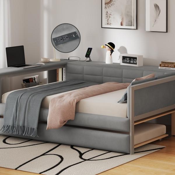 Full Size Upholstered Platform Bed with Storage Shelves, Desk, Charging Station and Trundle, Gray