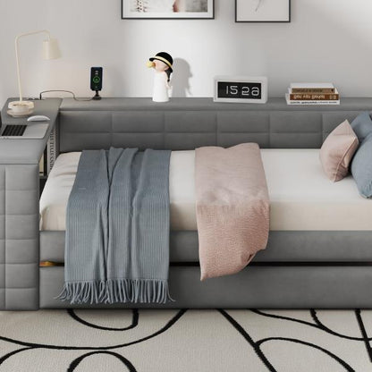 Full Size Upholstered Platform Bed with Storage Shelves, Desk, Charging Station and Trundle, Gray
