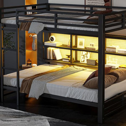 Metal Queen over Queen Bunk Bed with Storage Cabinets and LED, Black