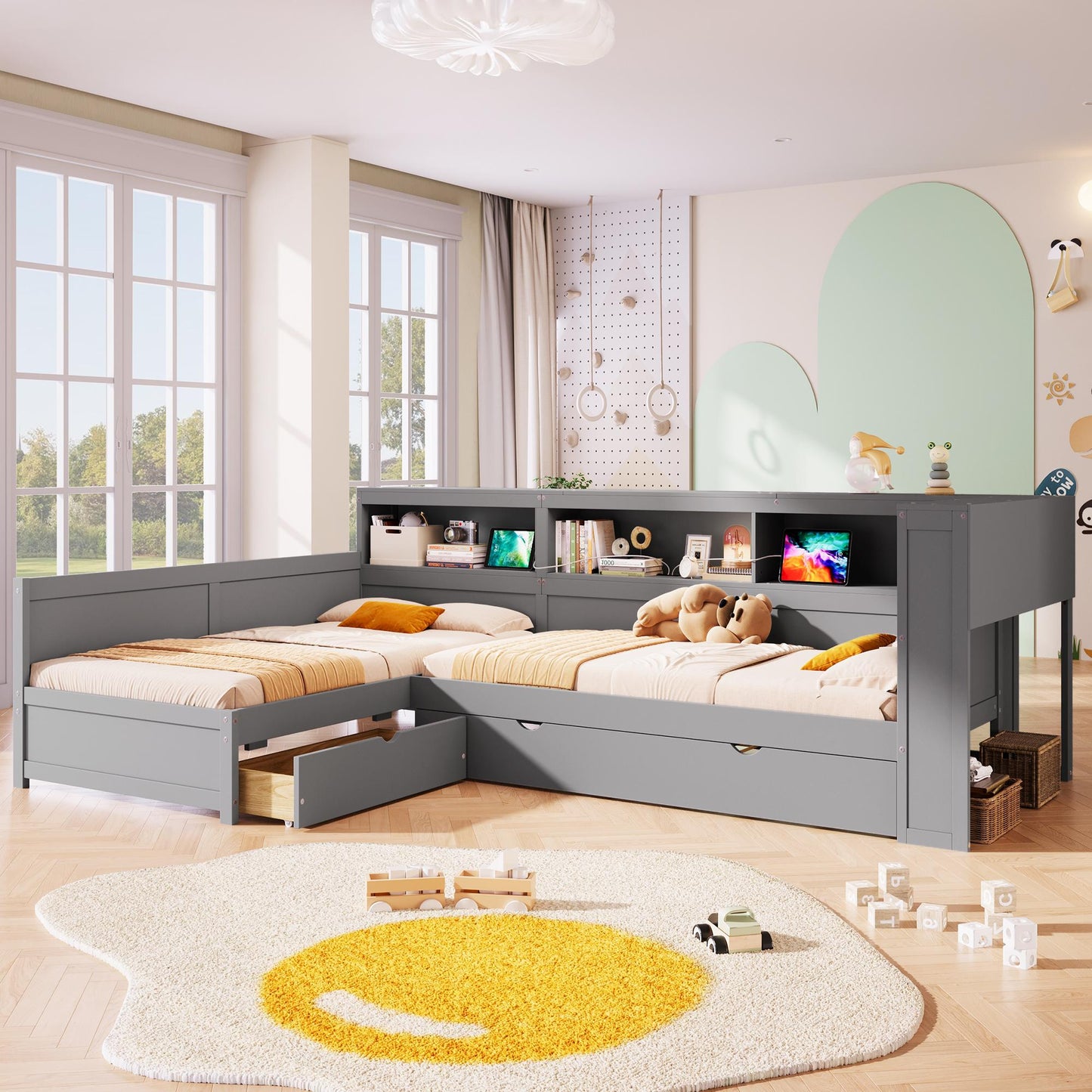 Wood Twin Size L-shaped Platform Bed with Trundle and a Drawer, Grey