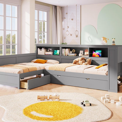 Wood Twin Size L-shaped Platform Bed with Trundle and a Drawer, Grey