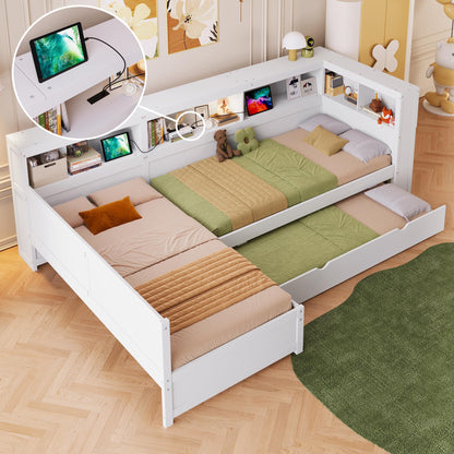 Wood Twin Size L-shaped Platform Bed with Trundle and a Drawer, White