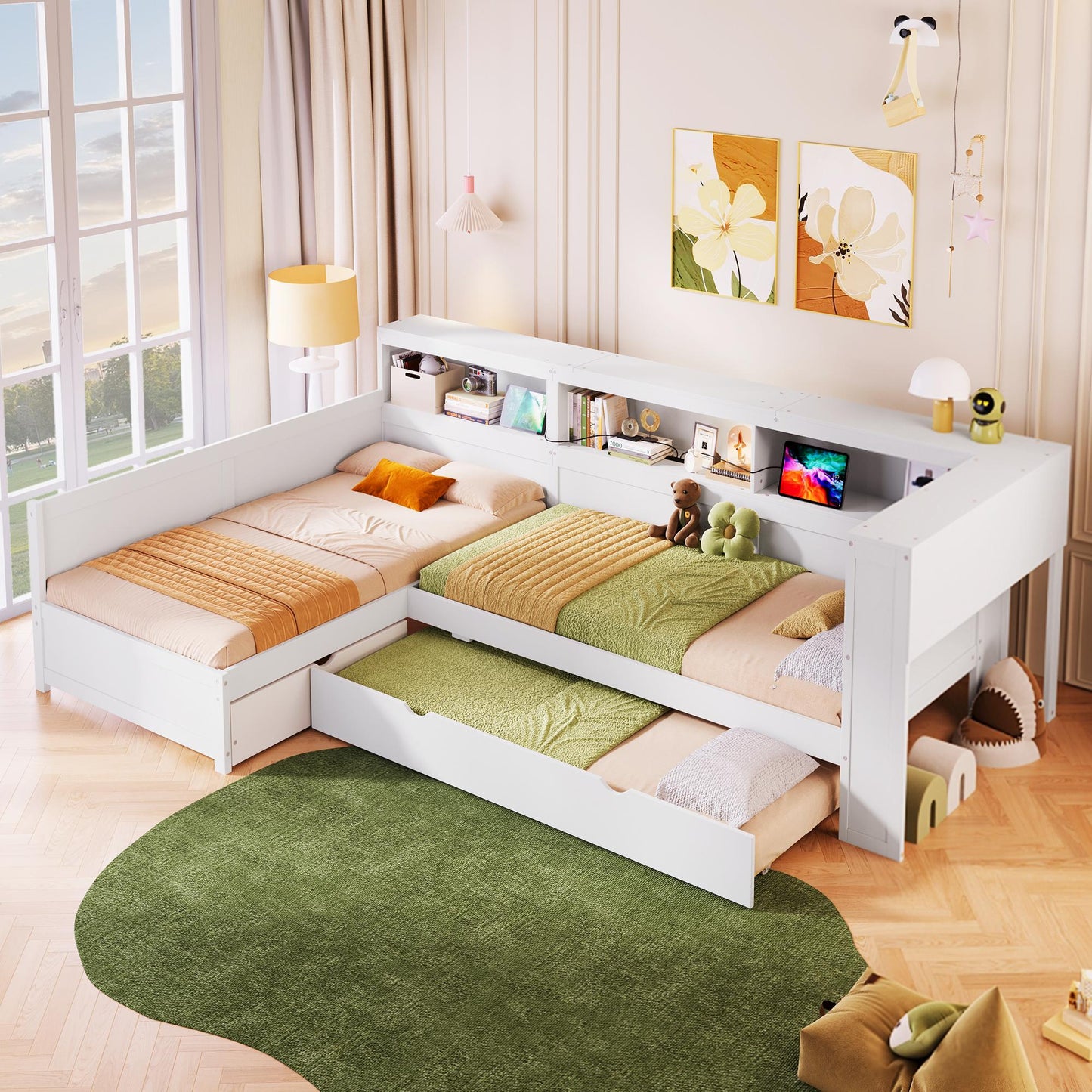 Wood Twin Size L-shaped Platform Bed with Trundle and a Drawer, White