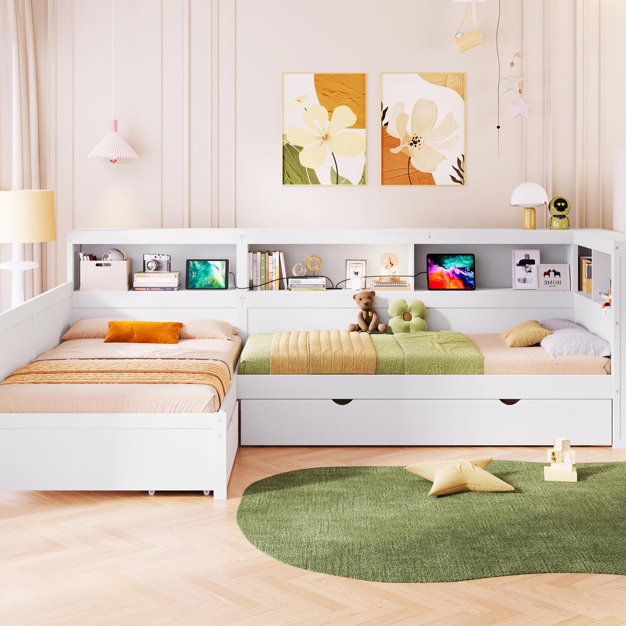 Wood Twin Size L-shaped Platform Bed with Trundle and a Drawer, White