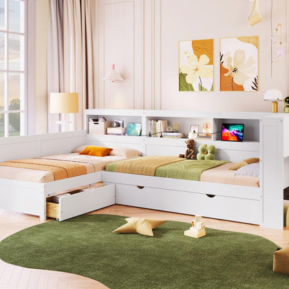 Wood Twin Size L-shaped Platform Bed with Trundle and a Drawer, White