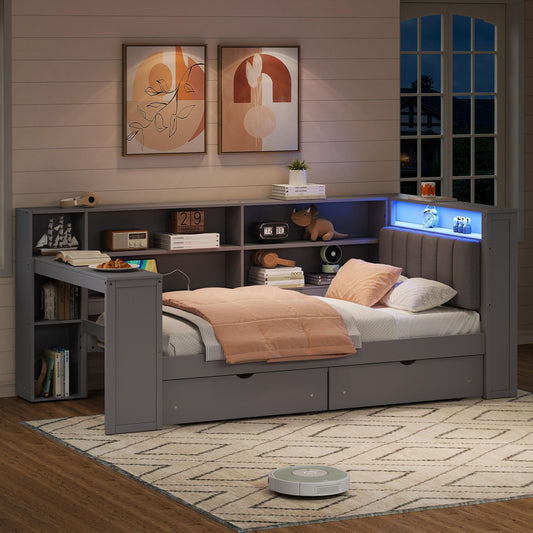Wood Twin Size Platform Bed with Storage Shelves, Drawers, Charging Station, LED, Desk and Upholstered Headboard, Grey+ Grey Cushion