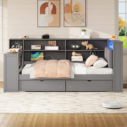Wood Twin Size Platform Bed with Storage Shelves, Drawers, Charging Station, LED, Desk and Upholstered Headboard, Grey+ Grey Cushion