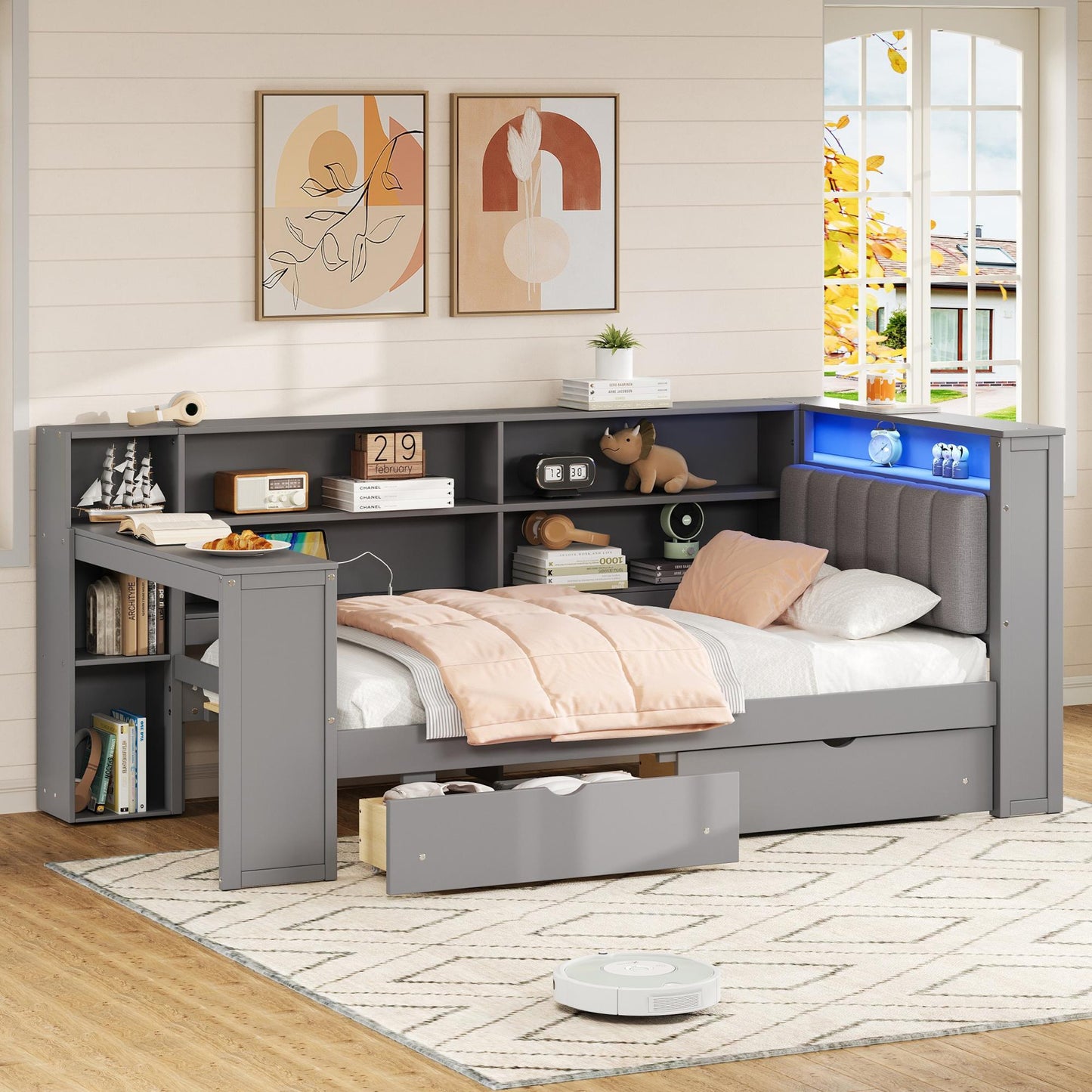 Wood Twin Size Platform Bed with Storage Shelves, Drawers, Charging Station, LED, Desk and Upholstered Headboard, Grey+ Grey Cushion