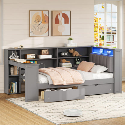 Wood Twin Size Platform Bed with Storage Shelves, Drawers, Charging Station, LED, Desk and Upholstered Headboard, Grey+ Grey Cushion