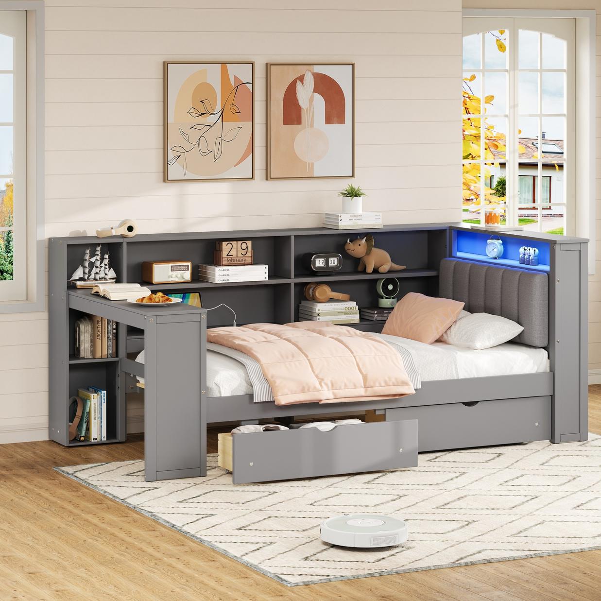 Wood Twin Size Platform Bed with Storage Shelves, Drawers, Charging Station, LED, Desk and Upholstered Headboard, Grey+ Grey Cushion