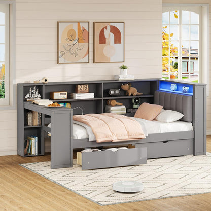 Wood Twin Size Platform Bed with Storage Shelves, Drawers, Charging Station, LED, Desk and Upholstered Headboard, Grey+ Grey Cushion