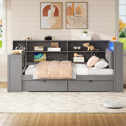 Wood Twin Size Platform Bed with Storage Shelves, Drawers, Charging Station, LED, Desk and Upholstered Headboard, Grey+ Grey Cushion