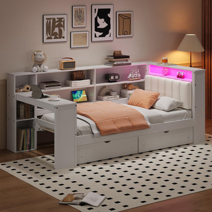 Wood Twin Size Platform Bed with Storage Shelves, Drawers, Charging Station, LED, Desk and Upholstered Headboard, White+Beige Cushion
