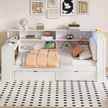 Wood Twin Size Platform Bed with Storage Shelves, Drawers, Charging Station, LED, Desk and Upholstered Headboard, White+Beige Cushion