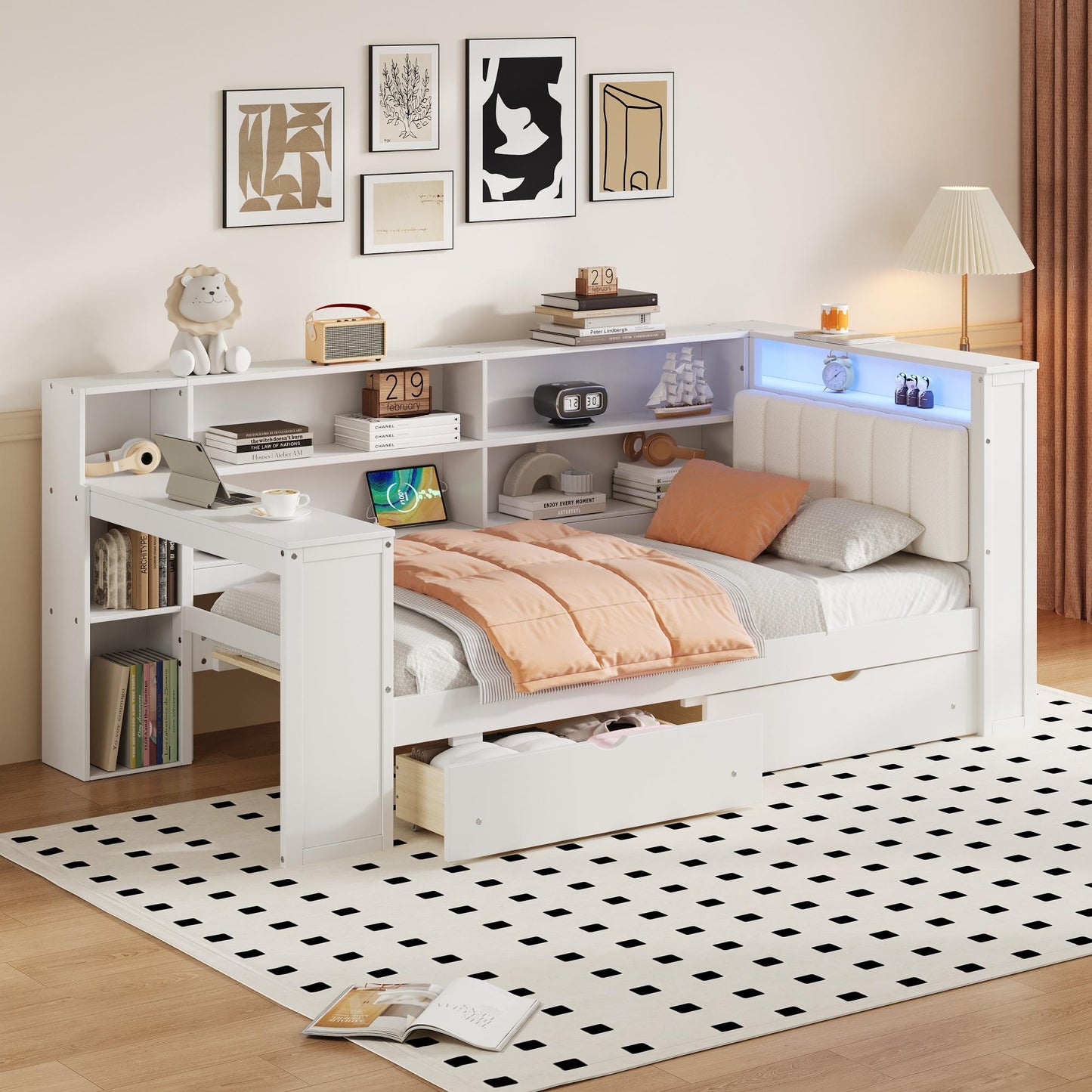Wood Twin Size Platform Bed with Storage Shelves, Drawers, Charging Station, LED, Desk and Upholstered Headboard, White+Beige Cushion