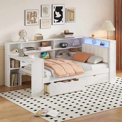 Wood Twin Size Platform Bed with Storage Shelves, Drawers, Charging Station, LED, Desk and Upholstered Headboard, White+Beige Cushion