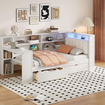 Wood Twin Size Platform Bed with Storage Shelves, Drawers, Charging Station, LED, Desk and Upholstered Headboard, White+Beige Cushion