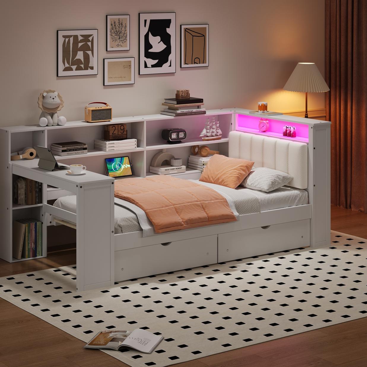 Wood Twin Size Platform Bed with Storage Shelves, Drawers, Charging Station, LED, Desk and Upholstered Headboard, White+Beige Cushion