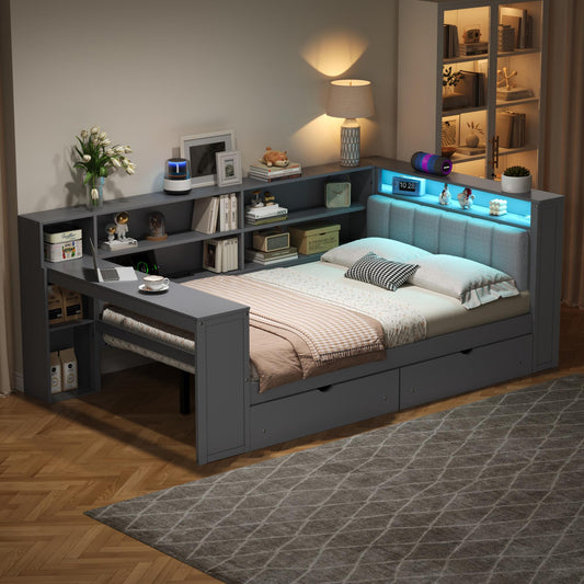 Wood Full Size Platform Bed with Storage Shelves, Drawers, Charging Station, LED, Desk and Upholstered Headboard, Grey+ Grey Cushion