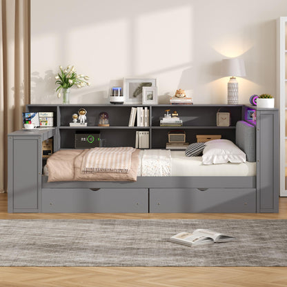 Wood Full Size Platform Bed with Storage Shelves, Drawers, Charging Station, LED, Desk and Upholstered Headboard, Grey+ Grey Cushion