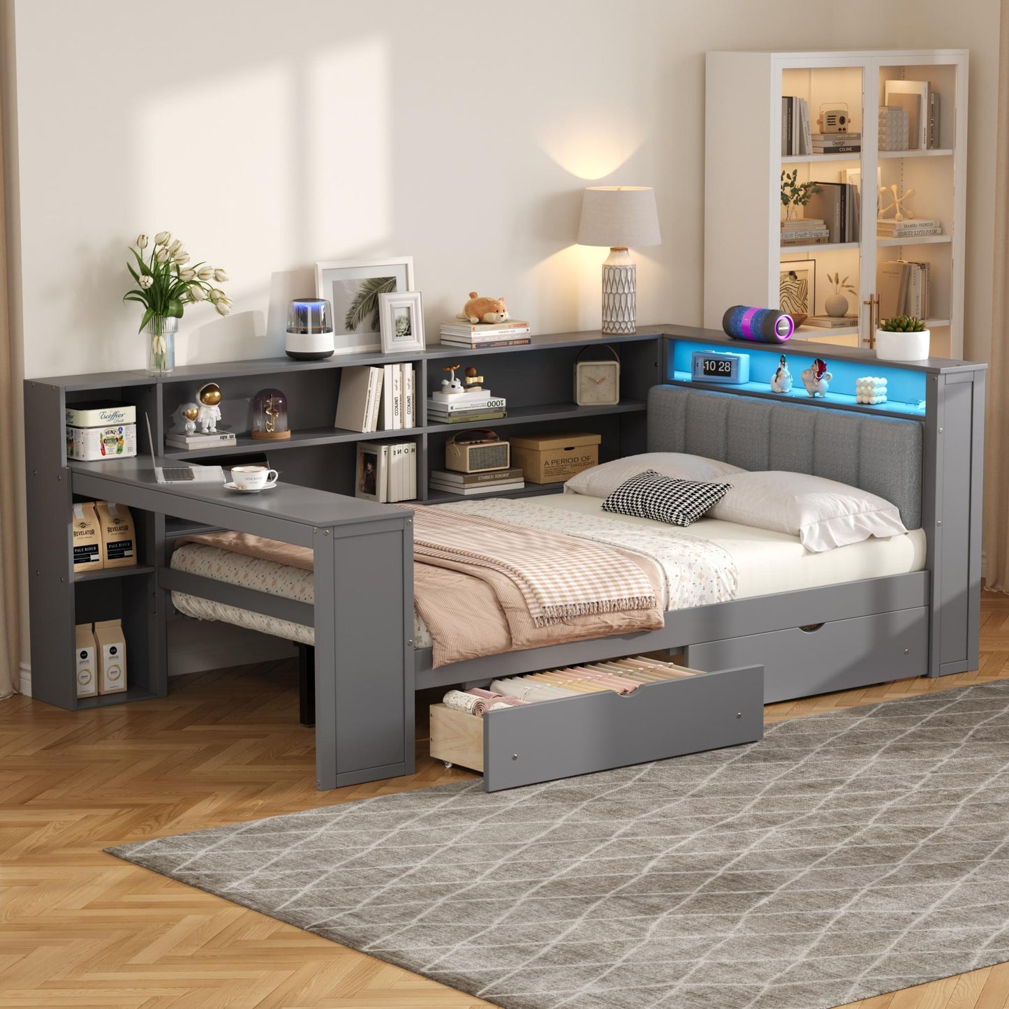 Wood Full Size Platform Bed with Storage Shelves, Drawers, Charging Station, LED, Desk and Upholstered Headboard, Grey+ Grey Cushion