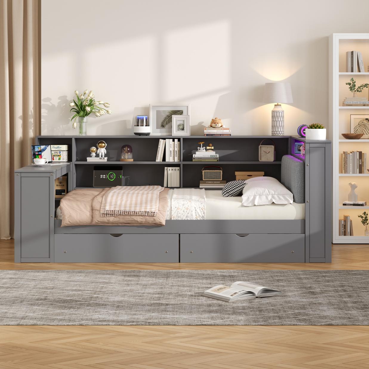 Wood Full Size Platform Bed with Storage Shelves, Drawers, Charging Station, LED, Desk and Upholstered Headboard, Grey+ Grey Cushion