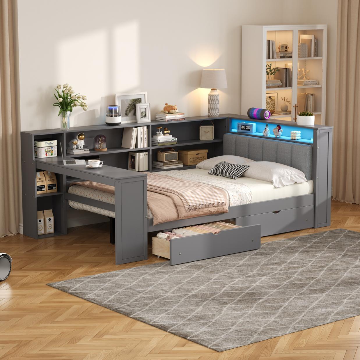 Wood Full Size Platform Bed with Storage Shelves, Drawers, Charging Station, LED, Desk and Upholstered Headboard, Grey+ Grey Cushion