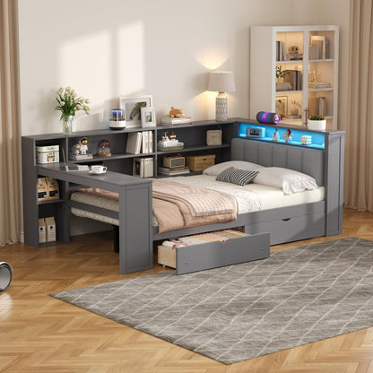Wood Full Size Platform Bed with Storage Shelves, Drawers, Charging Station, LED, Desk and Upholstered Headboard, Grey+ Grey Cushion