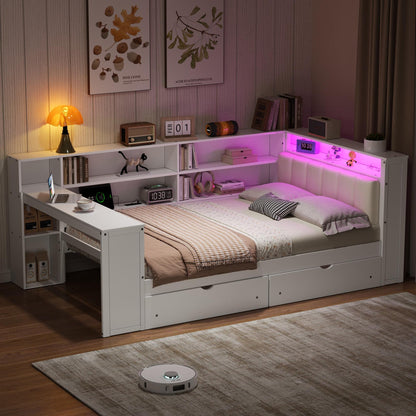 Wood Full Size Platform Bed with Storage Shelves, Drawers, Charging Station, LED, Desk and Upholstered Headboard, White+Beige Cushion