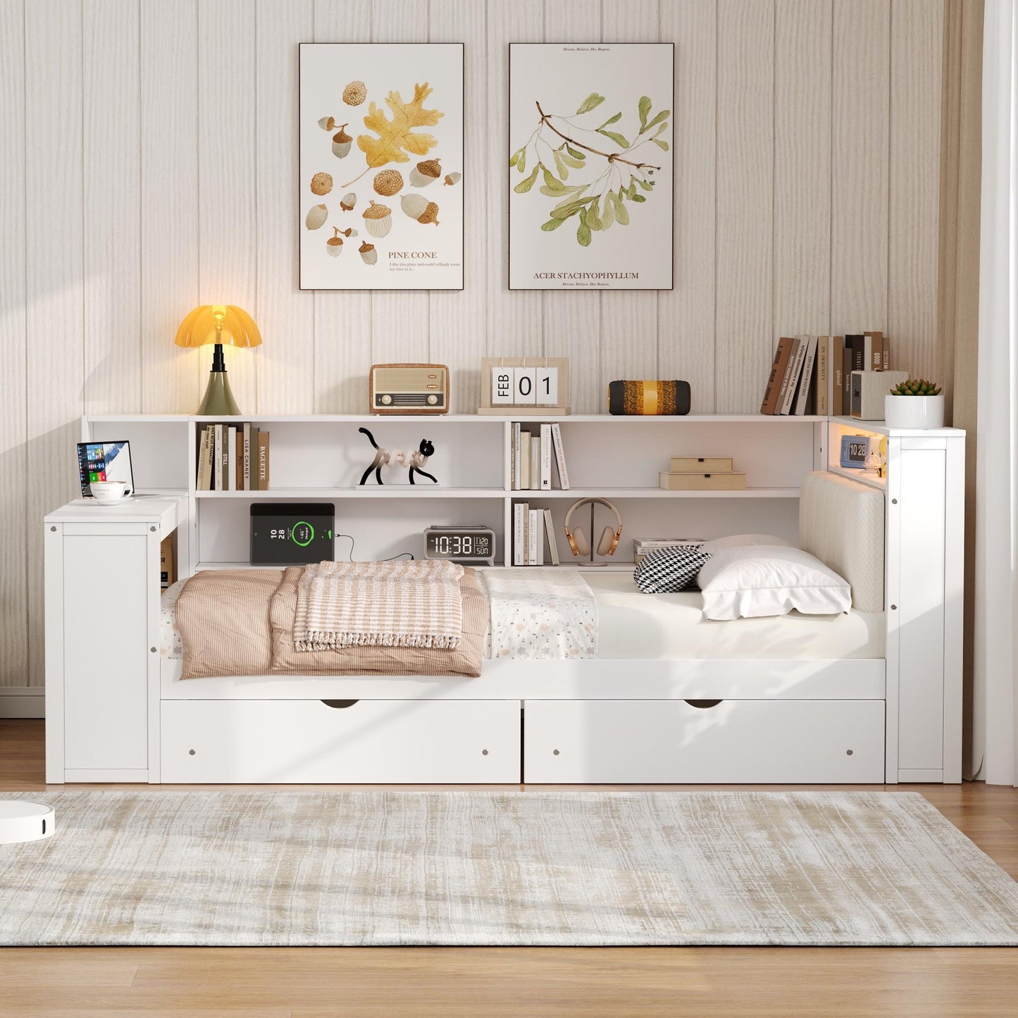 Wood Full Size Platform Bed with Storage Shelves, Drawers, Charging Station, LED, Desk and Upholstered Headboard, White+Beige Cushion