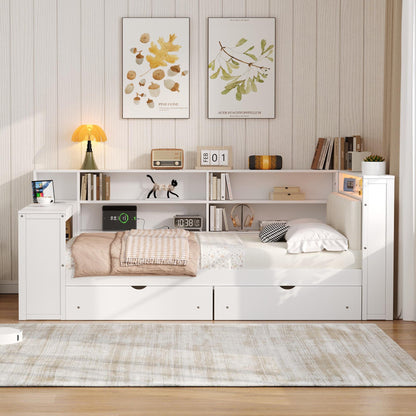 Wood Full Size Platform Bed with Storage Shelves, Drawers, Charging Station, LED, Desk and Upholstered Headboard, White+Beige Cushion