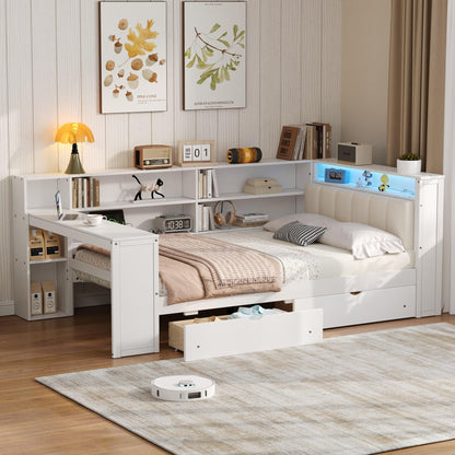 Wood Full Size Platform Bed with Storage Shelves, Drawers, Charging Station, LED, Desk and Upholstered Headboard, White+Beige Cushion