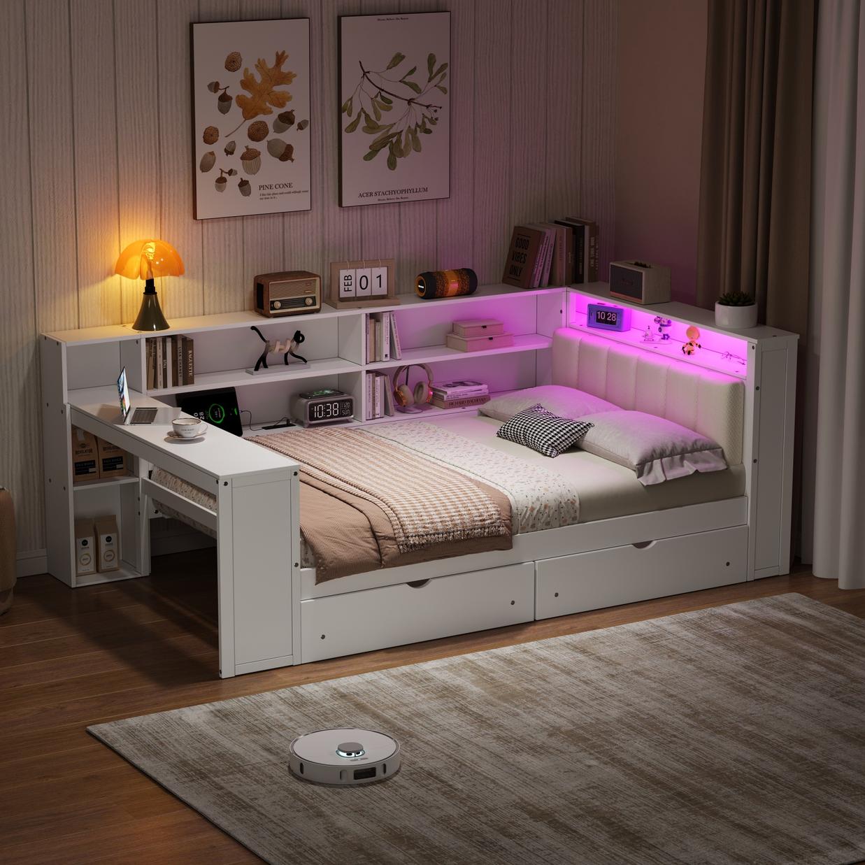 Wood Full Size Platform Bed with Storage Shelves, Drawers, Charging Station, LED, Desk and Upholstered Headboard, White+Beige Cushion