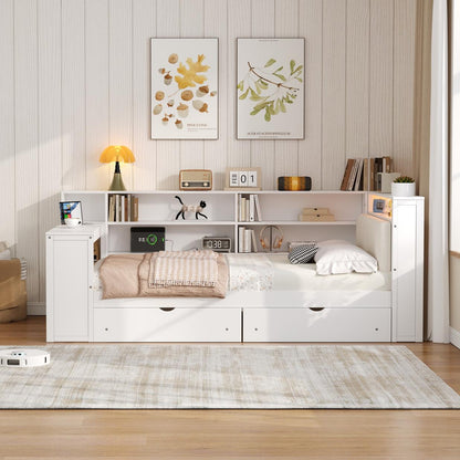 Wood Full Size Platform Bed with Storage Shelves, Drawers, Charging Station, LED, Desk and Upholstered Headboard, White+Beige Cushion