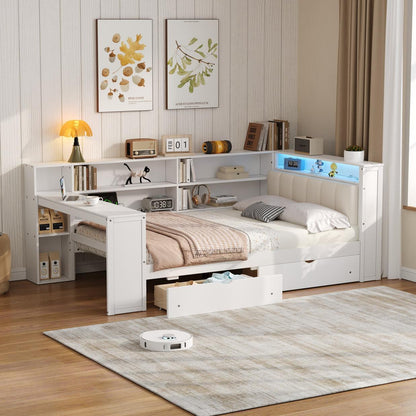 Wood Full Size Platform Bed with Storage Shelves, Drawers, Charging Station, LED, Desk and Upholstered Headboard, White+Beige Cushion
