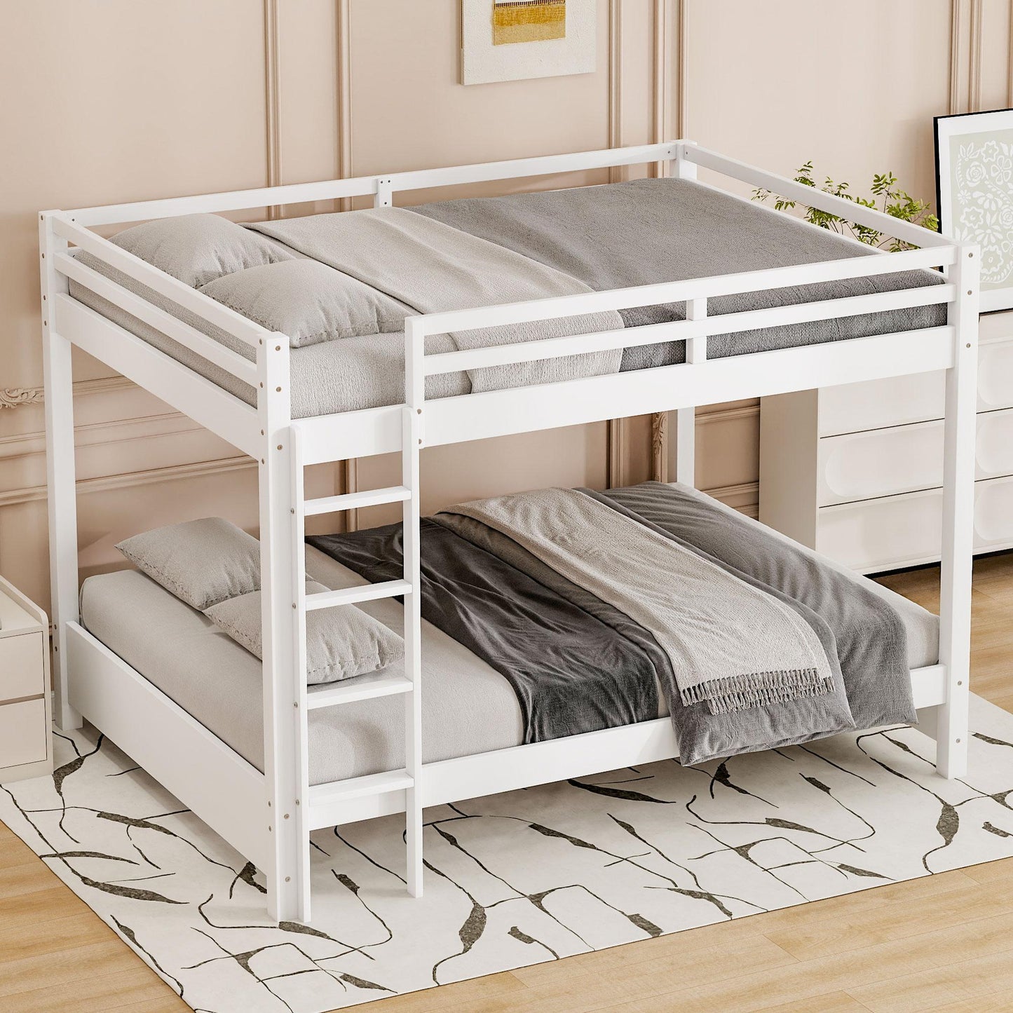 Wood Queen Size Bunk Bed with Ladder, White