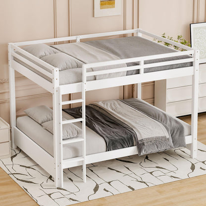 Wood Queen Size Bunk Bed with Ladder, White