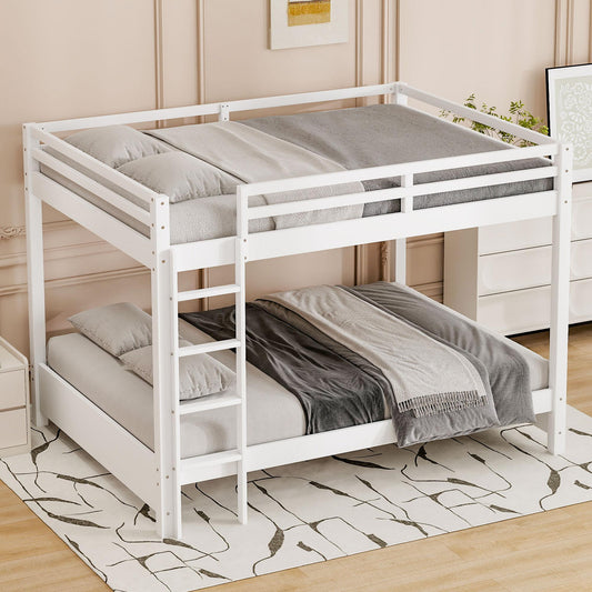 Wood Queen Size Bunk Bed with Ladder, White