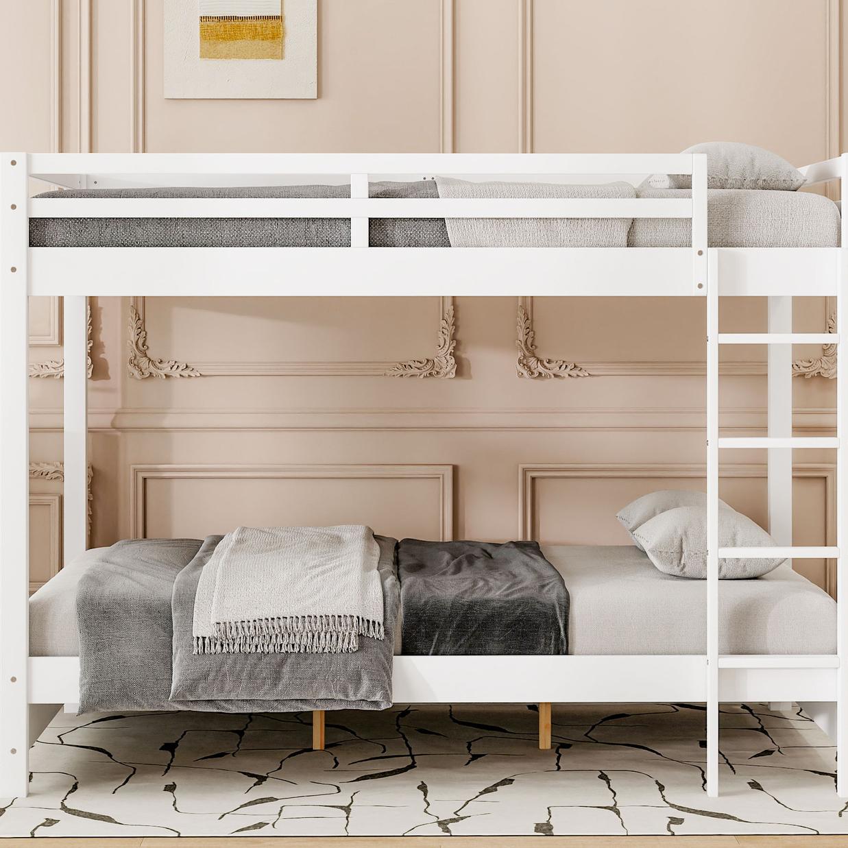 Wood Queen Size Bunk Bed with Ladder, White