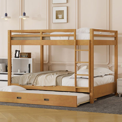 Wood Queen Size Bunk Bed with Ladder and Trundle, Wood Color