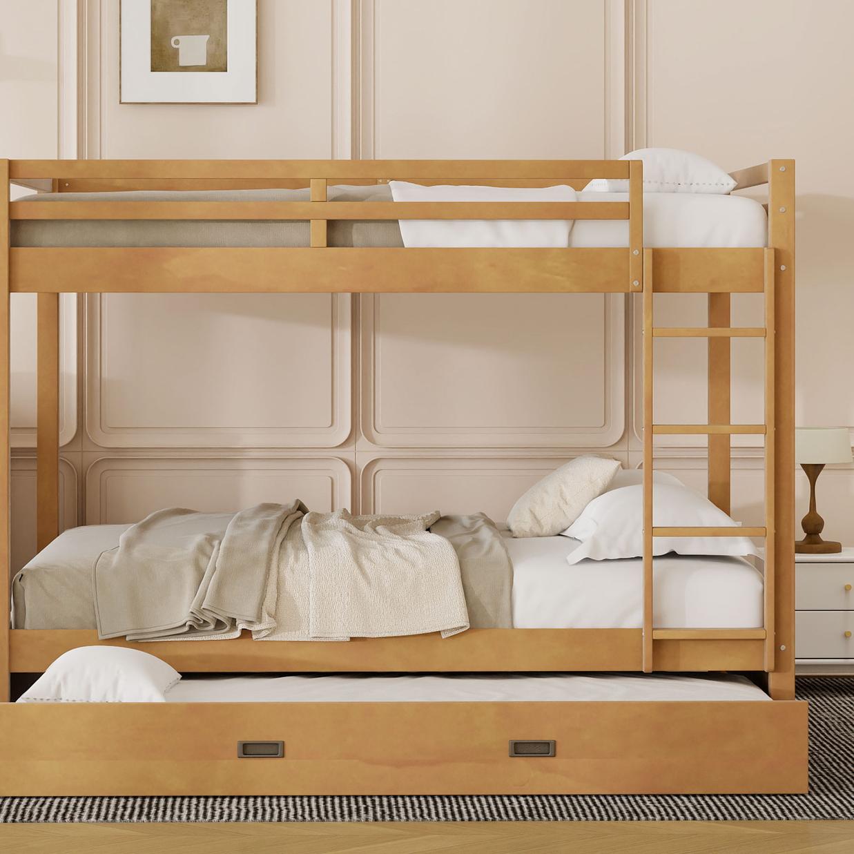 Wood Queen Size Bunk Bed with Ladder and Trundle, Wood Color
