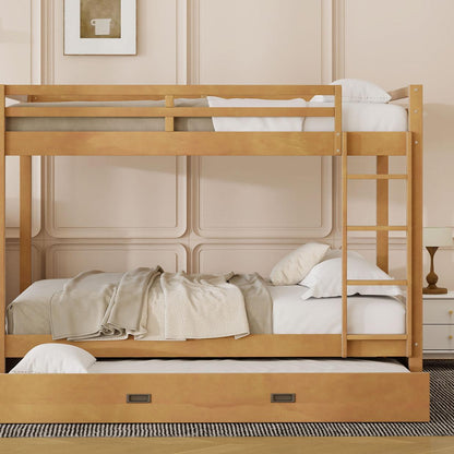 Wood Queen Size Bunk Bed with Ladder and Trundle, Wood Color
